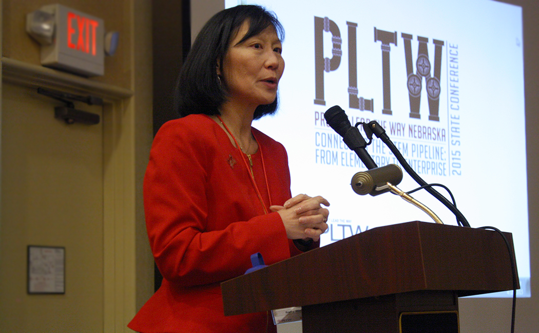 CYFS affiliate Sally Wei speaks at the 2015 Project Lead the Way Nebraska State Conference. The conference, designed to encourage K-12 students' STEM education and participation, drew more than 150 participants. Photo Gallery.  