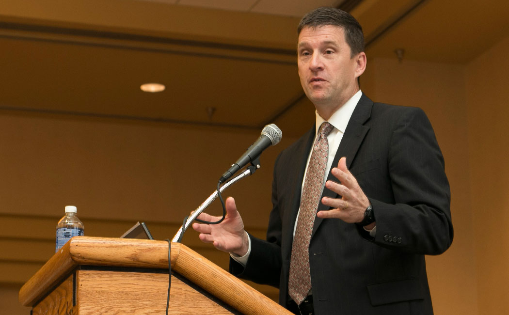 University of Nebraska president Hank Bounds delivers opening remarks at the 2016 CYFS Summit on Research in Early Childhood on April 7. 