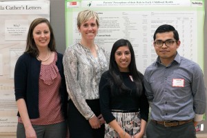 Lorey Wheeler and Brandy Clarke with undergraduate students Alejandra Ayotitla and Michelle Huesca at the 2016 UNL Research Fair. Ayotitla and Huesca served as bilingual interpreters for the TAPP pilot study in Lincoln, Nebraska. 