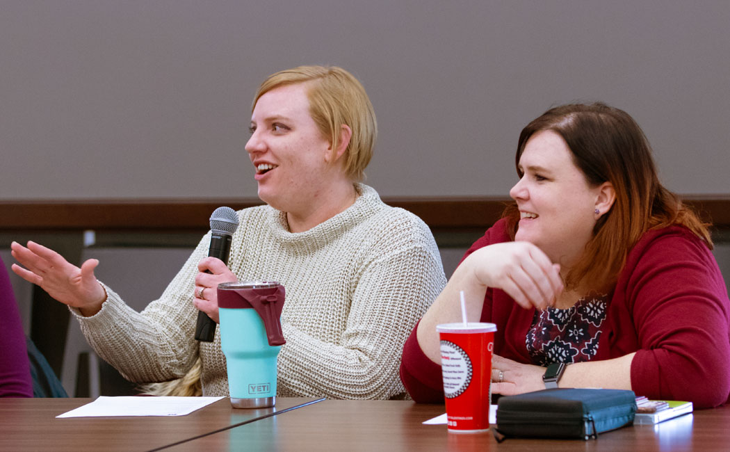 From left, Amanda Prokasky, project coordinator, and Kristen Derr, project manager, answer questions during the Feb. 7 NAECR Knowledge event.