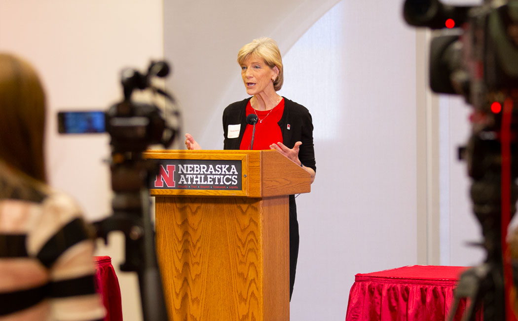 Susan Sheridan, CYFS director, describes the center's work during Research Media Day April 8.
