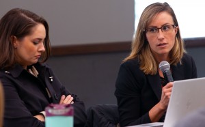 From left, Rachel Wenzl and Sara Frazzell of Research Compliance Services, answer questions about Institutional Review Board policies concerning the public release of research findings.