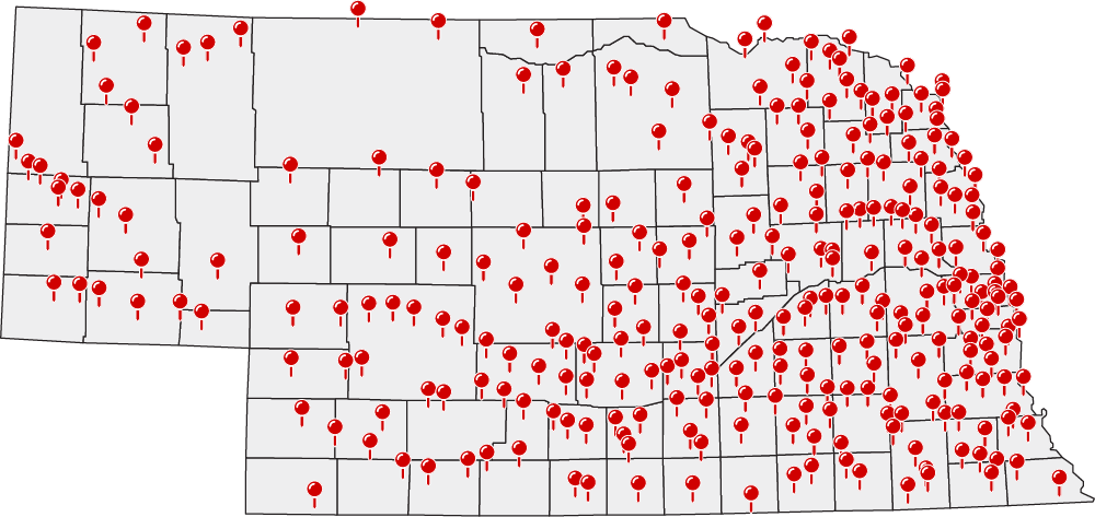 Map of where CYFS Research is taking place in Nebraska communities.