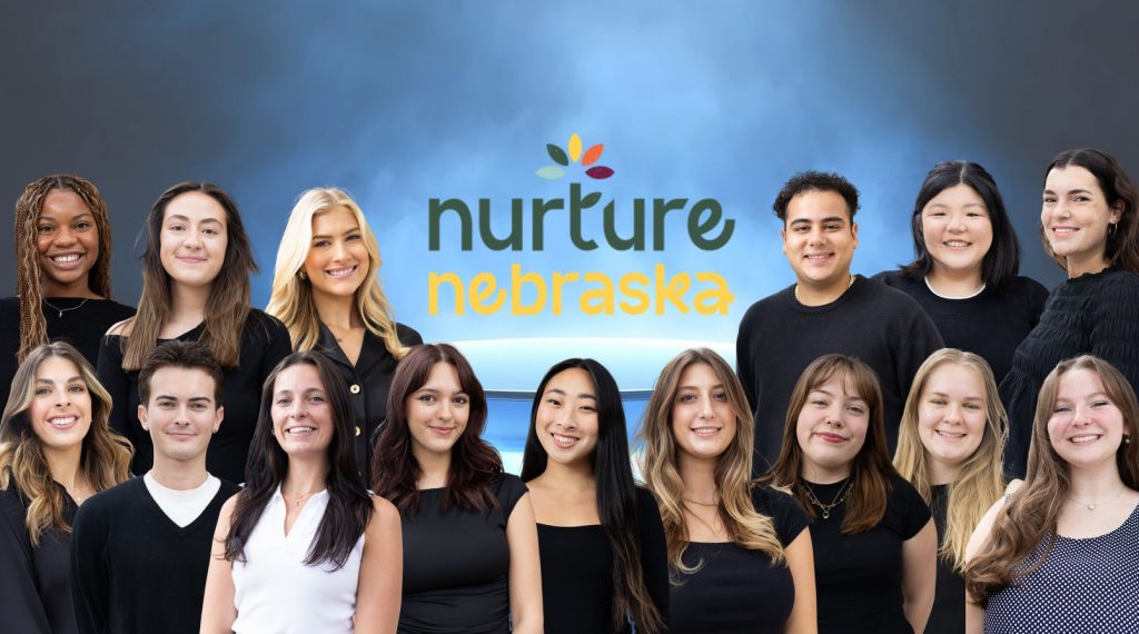 Students from the University of Nebraska–Lincoln's Jacht advertising agency and Nurture Nebraska campaign logo.