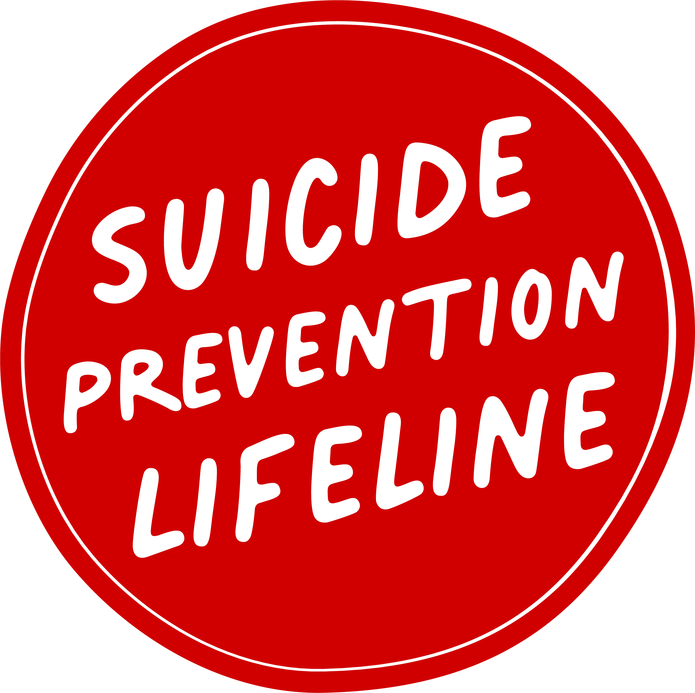 Suicide Prevention Lifeline in handwritten text on red circle